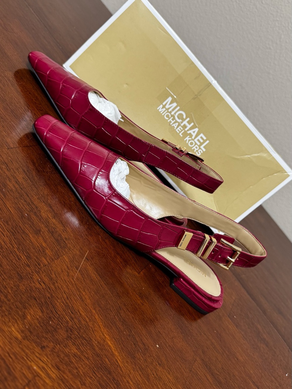 Michael Kors Women's Burgundy Croc-Embossed Slingback Flats with Gold Buckle